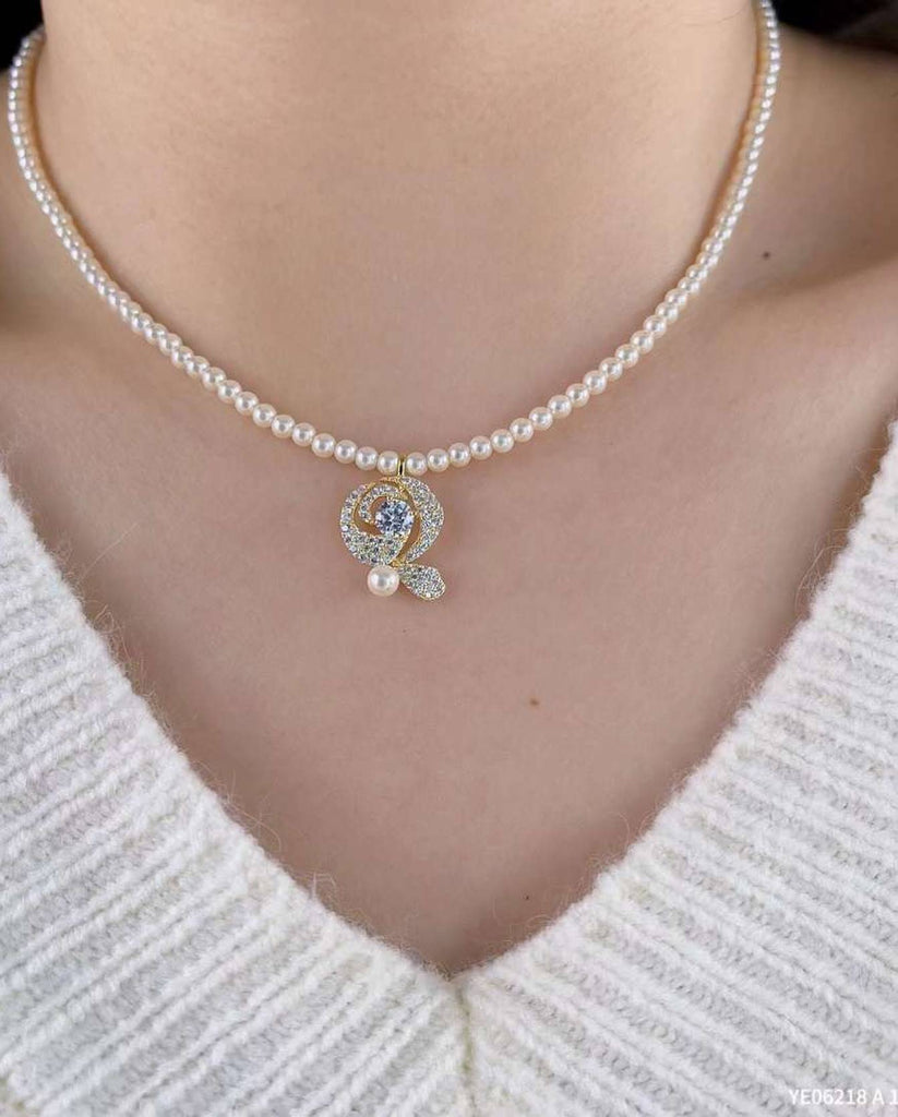 Cultured Pearl Necklace with Rose Pendant in 18k Gold Plated 925 Silver and Zirconias-Necklaces-GULI GULI