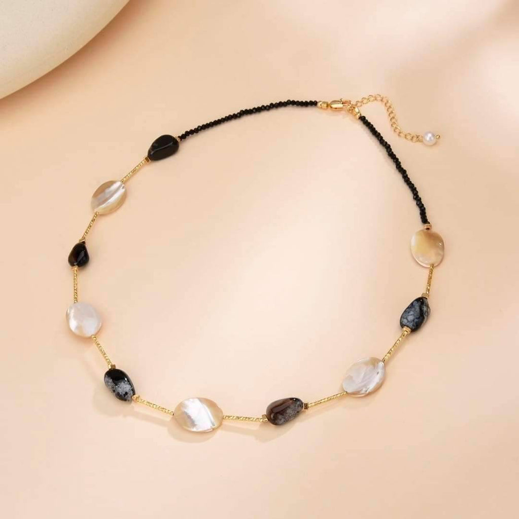 Cultured Pearl and Natural Stone Necklace with 18k Gold Plated Chain-Necklaces-Baishangmei