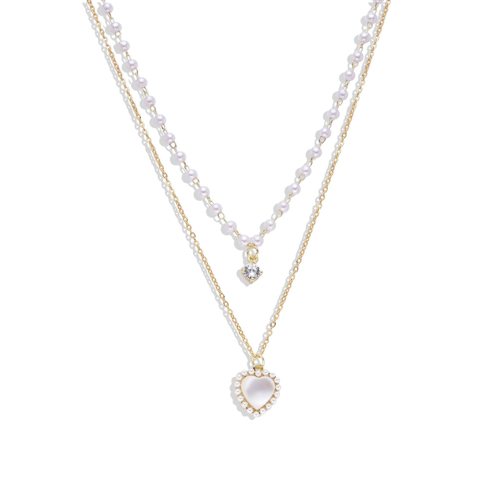 Double Chain Necklace in Gold Fashion with Heart and Pearls-Necklaces-NEW WEI