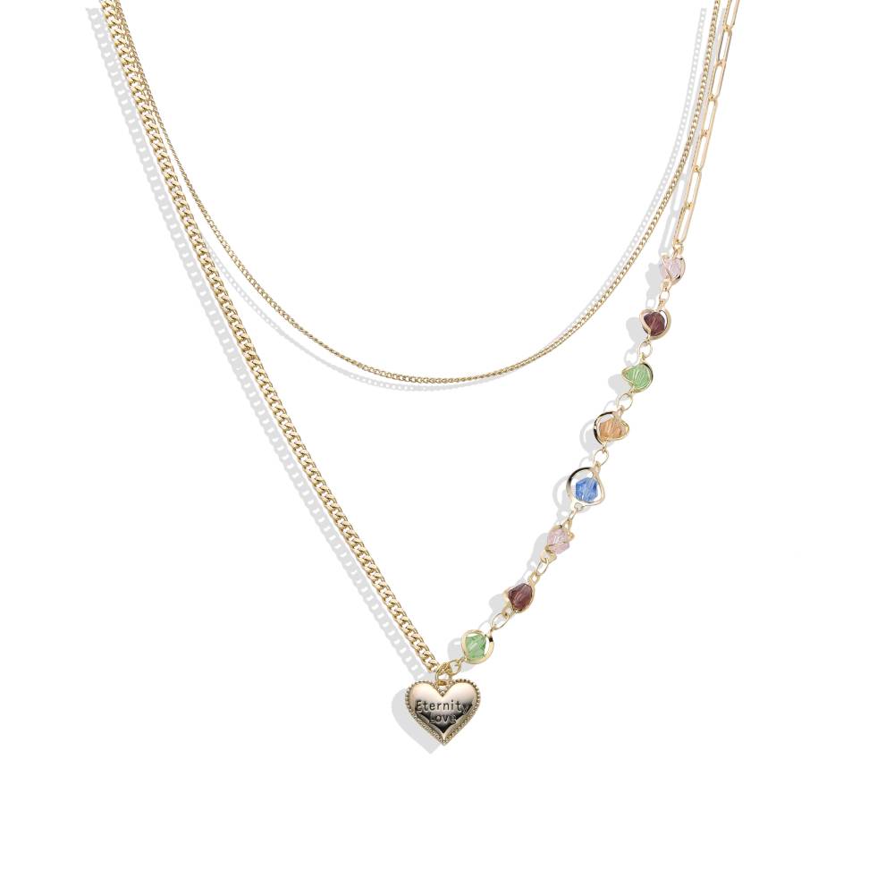 Double Chain with Zircons and Heart Pendant: Luxury with a Touch of Color-Necklaces-NEW WEI