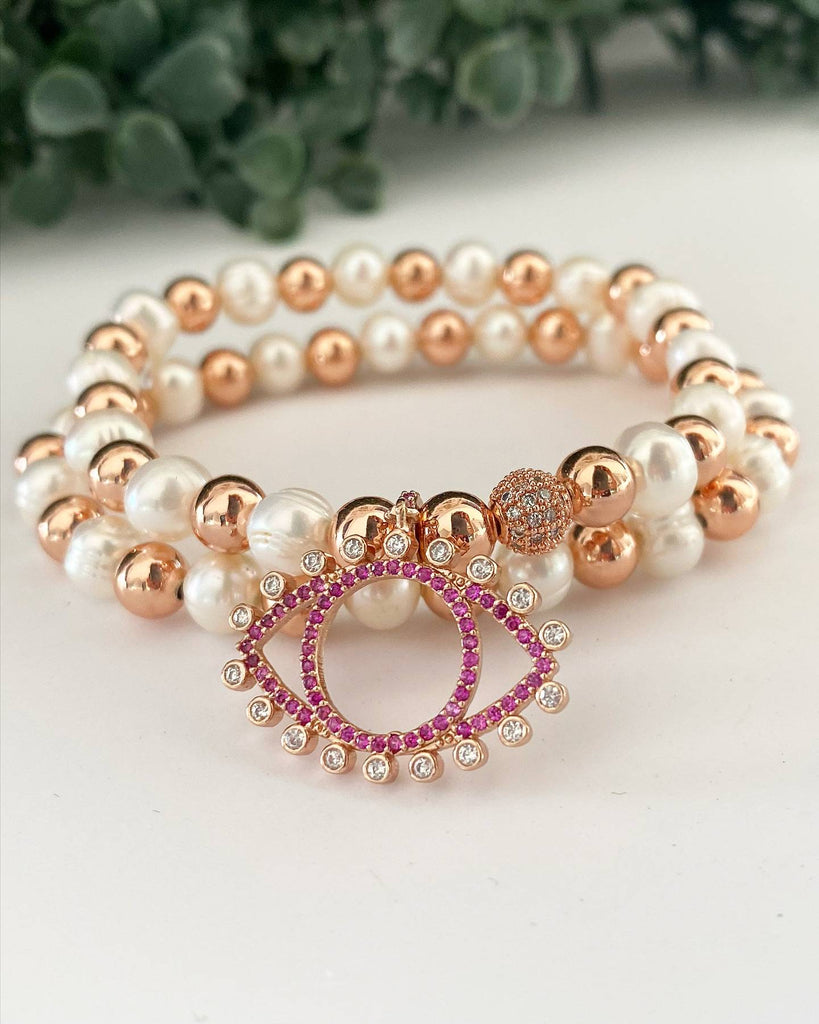 Double Elastic Bracelet with Turkish Eye Charm in Rose Gold Balinese Zirconia and Cultured Pearls-Bracelets-Vila veloni corp