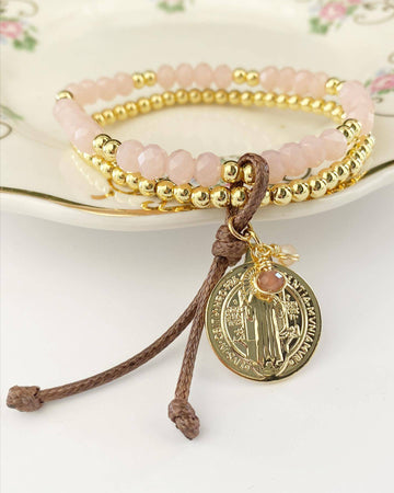 Double bracelet with Saint Benedict pendant, Pink Crystals, Gold Filled and 18k Gold Plated-Bracelets-Vila veloni corp