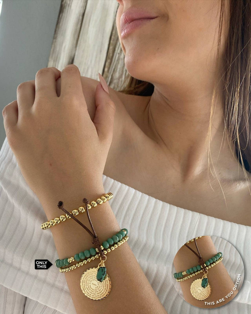 Double elastic bracelet with Our Father pendant with details in Brown leather and Green Crystals-Bracelets-Vila veloni corp