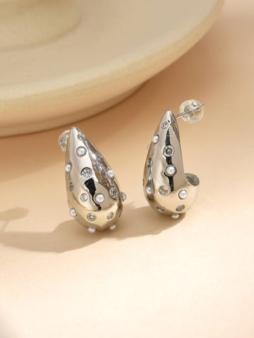 Drop Style Earrings with Zirconias and Pearls-Earrings-ZIRCONIA