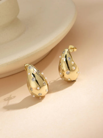 Drop Style Earrings with Zirconias and Pearls-Earrings-ZIRCONIA