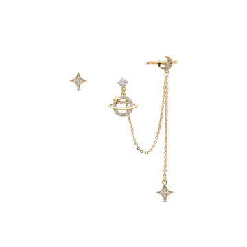 Ear Cuff Asymmetrical Moon and Planets in 18k Gold Fashion and Clear Zirconia-Earrings-LANDCICA