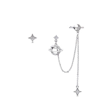 Ear Cuff Asymmetrical Moon and Planets in Silver Fashion and Clear Zircons-Earrings-LANDCICA