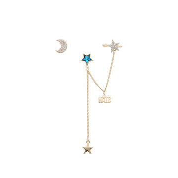 Ear Cuff Asymmetrical Moon and Stars in Fashion Gold and Clear Zirconia-Earrings-LANDCICA