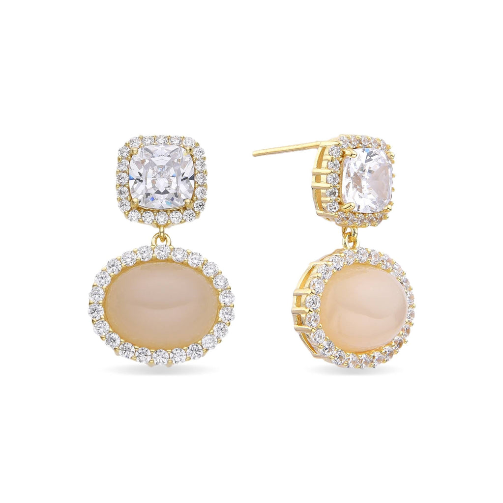 Earrings 18k Gold Plated 925 Sterling Silver with Zircons and Oval Jade-Earrings-GULI GULI