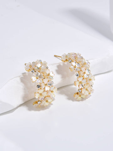 Earrings Made in Cooper with 18k Gold Plating and Floral Design in Mother of Pearl and Zirconias-Earrings-HAN AN NA SOOK