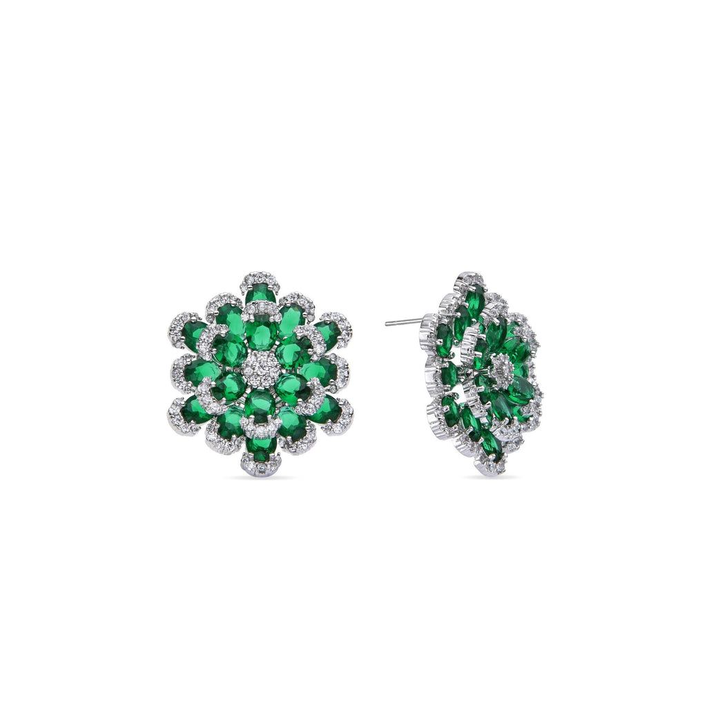 Earrings Silver Fashion Flower Shaped with Green Zircons.-Earrings-NEW WEI