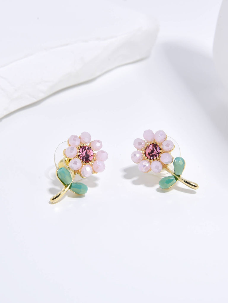 Earrings with Flower Design Made with Cooper and 18k Gold Plating and Sky Blue Crystals with Turquoise and Zirconias-Earrings-HAN AN NA SOOK