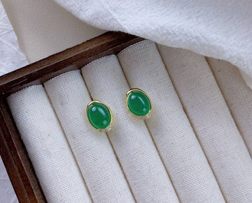 Earrings with Green Jade Stone in 925 Silver with 18k Gold Plated and Zirconia-Earrings-GULI GULI