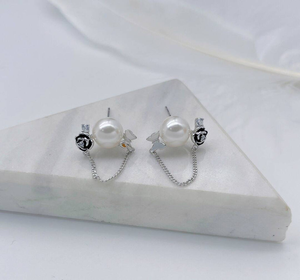 Earrings with Pearl and Rose Design in 925 Silver-Earrings-GULI GULI