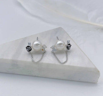 Earrings with Pearl and Rose Design in 925 Silver-Earrings-GULI GULI