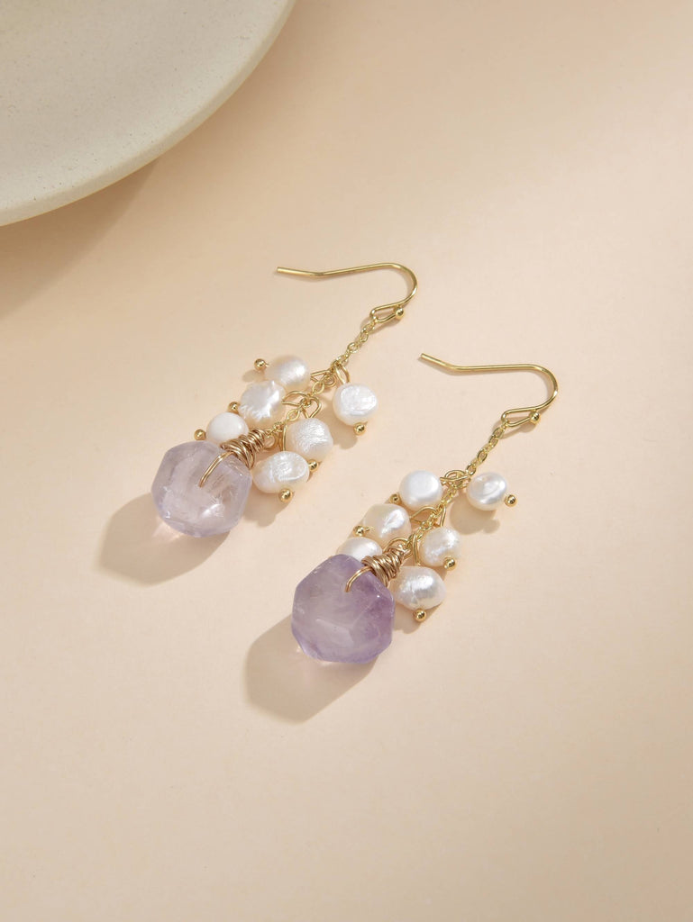 Earrings with Pearls and Sky Blue Semi-Precious Stones in Brass and 18k Gold-Earrings-YIWU SHUO QIPEARL