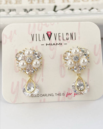 Earrings with Pearls and Zirconia Pendant in 925 Silver with 18k Gold Plated-Earrings-Vila veloni corp