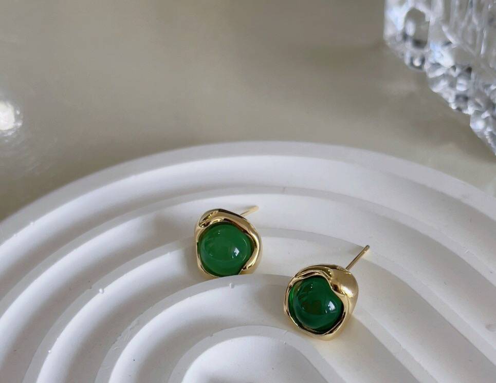 Earrings with Round Green Jade Semi-precious Stone in 925 Silver with 18k Gold Plated-Earrings-GULI GULI