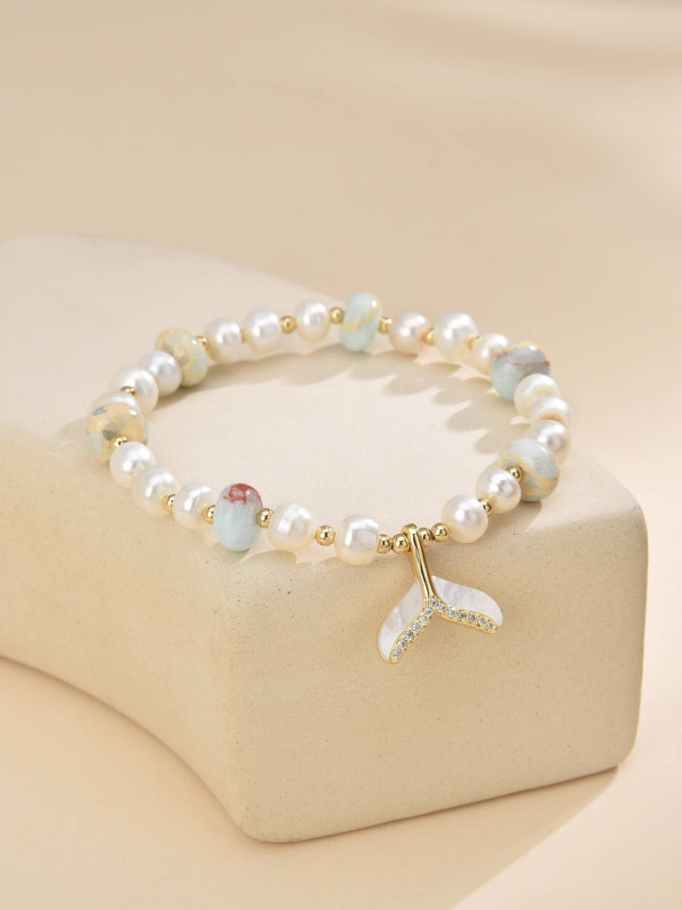 Elastic Bracelet Made with Pearls and Semiprecious Stones with Mermaid Tail Pendant in Mother of Pearl and 18k Gold Plated-Bracelets-Baishangmei