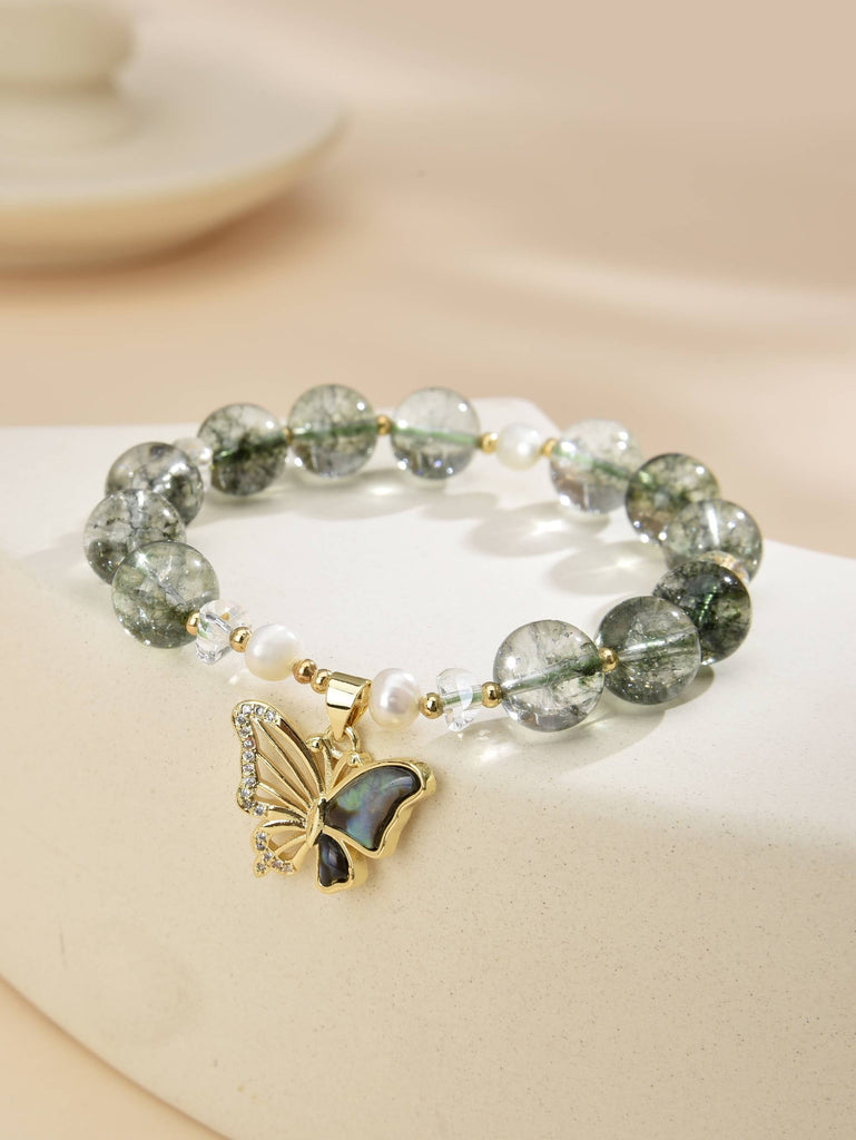 Elastic Bracelet Made with Semiprecious Stones and Butterfly Pendant in 18k Gold Plated-Bracelets-Baishangmei