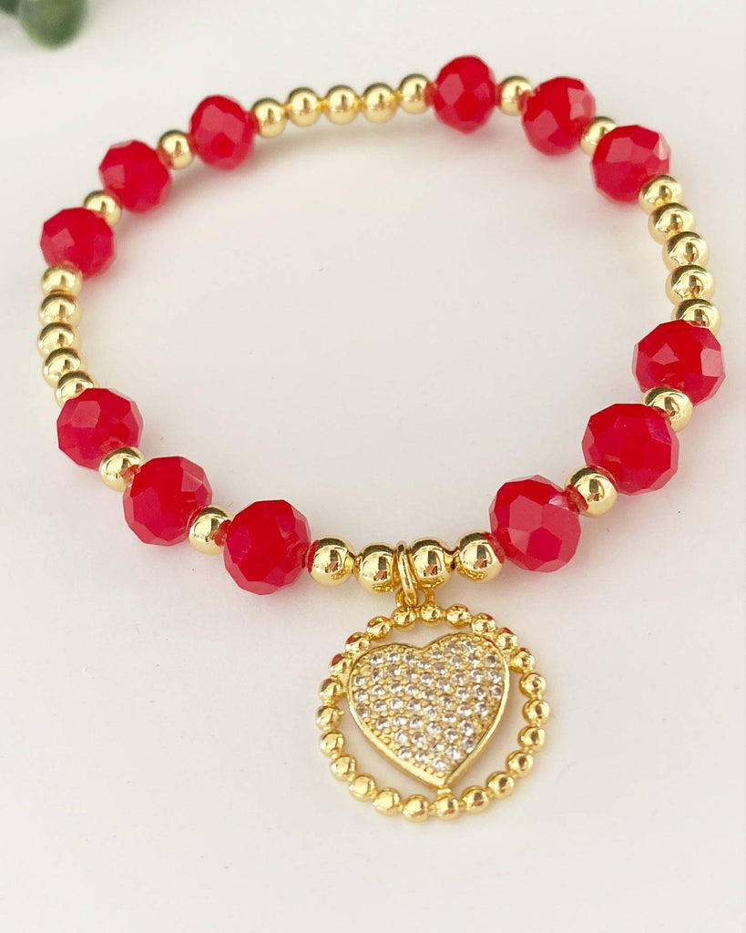 Elastic Bracelet with Heart Charm in Zirconia and Red Crystals in Gold Filled-Bracelets-Vila veloni corp