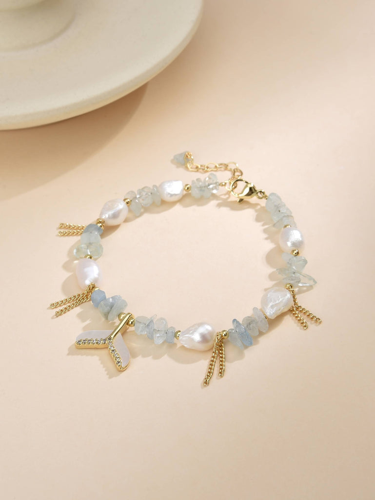 Elastic Bracelet with Pearls and Light Blue Semiprecious Stones with 18k Gold Plated Mermaid Tail Pendant-Bracelets-Baishangmei