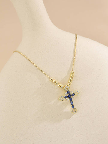 Elegant 925 Silver Necklace with Blue Cross and 18k Gold Plating and Zirconia-Necklaces-ZIRCONIA