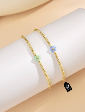 Elegant Gold Bracelet with Blue Flower Adjustable.-Bracelets-Peling