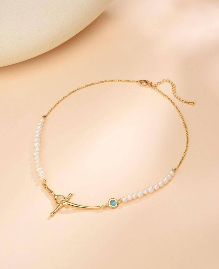 Elegant Pearl and Blue Zirconia Necklace with 18k Gold Plated-Necklaces-OSA BEA