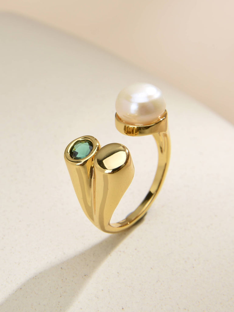 Elegant Ring Design with Pearl Detail and Green Zirconia in Cooper with 18k Gold Plating-Rings-OSA BEA