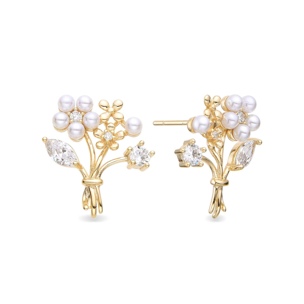 Flower Bouquet Earrings with Zircons and Pearls in 18k Gold Plated 925 Sterling Silver-Earrings-GULI GULI