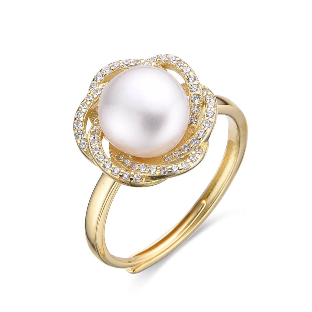 Flower Style Pearl Ring with Zirconia in 925 Silver and 18k Gold Plated-Rings-GULI GULI