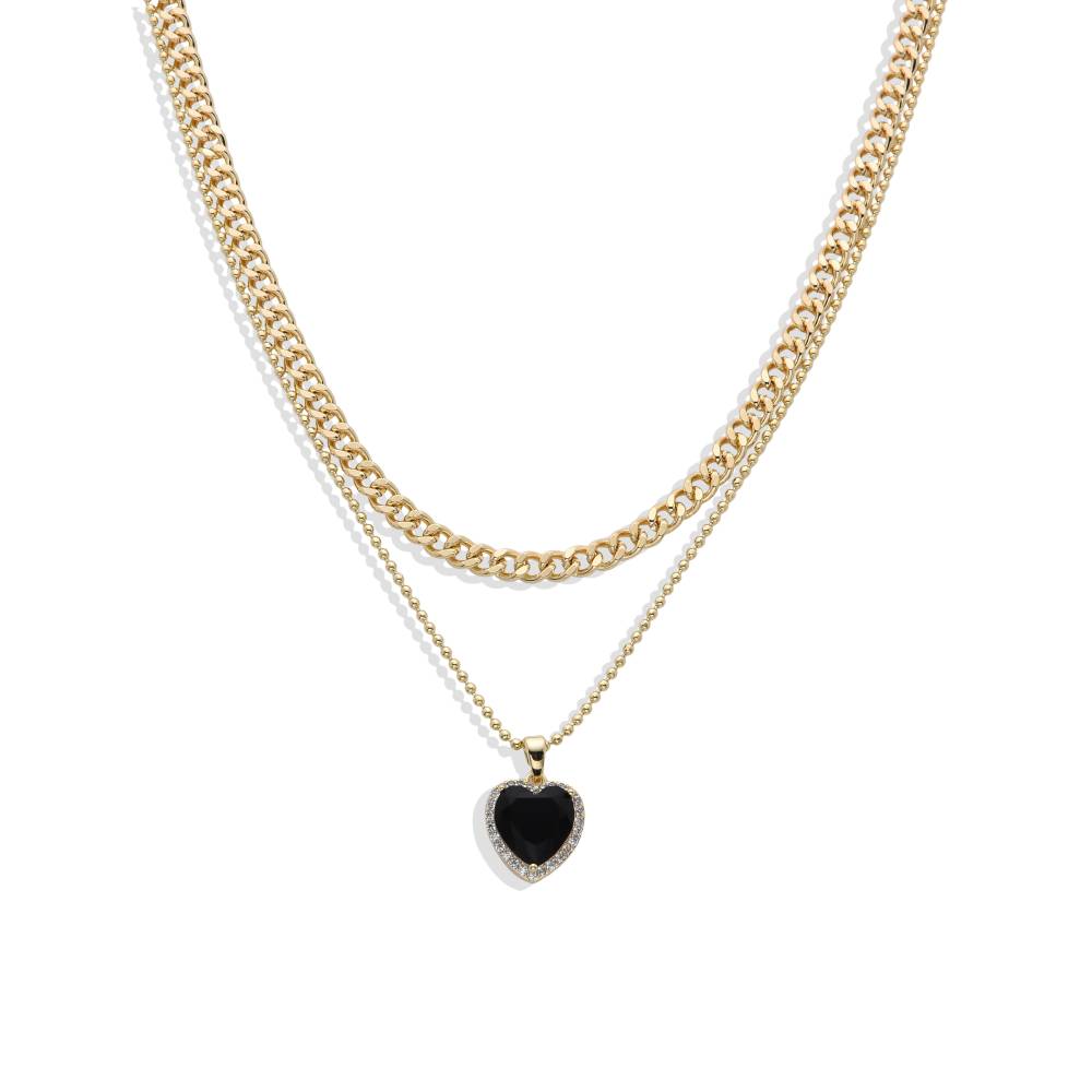 Gold Fashion Double Chain Necklace with Black Heart Pendant-Necklaces-NEW WEI