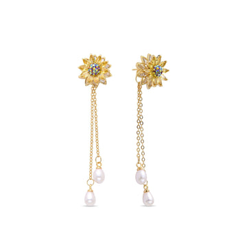 Gold Fashion Earrings with Daisy Design and Dangling Pearls: Radiant Flowers.-Earrings-NEW WEI