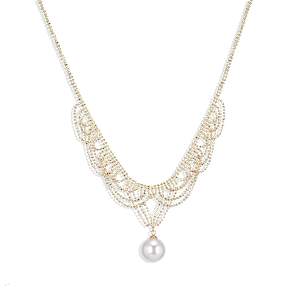 Gold Fashion Necklace Danglings Chains and Pearl pendant.-Necklaces-ROMANE