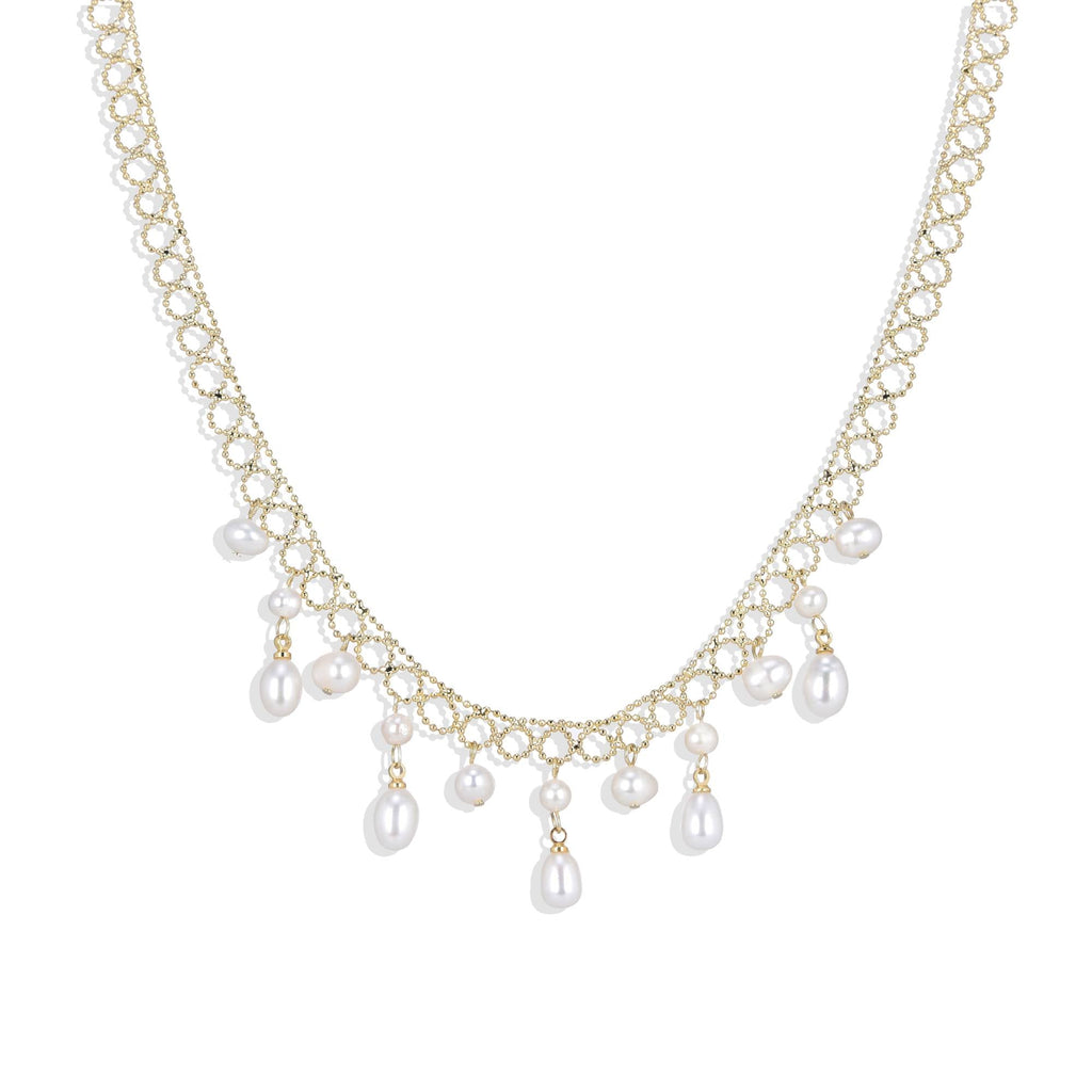 Gold Fashion Necklace with Chained Circles and Beautiful Hanging Pearls.-Necklaces-ROMANE