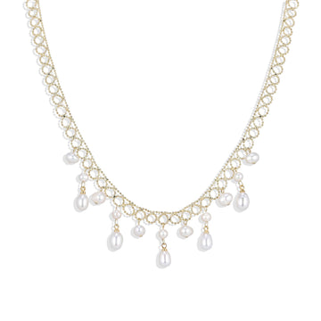 Gold Fashion Necklace with Chained Circles and Beautiful Hanging Pearls.-Necklaces-ROMANE