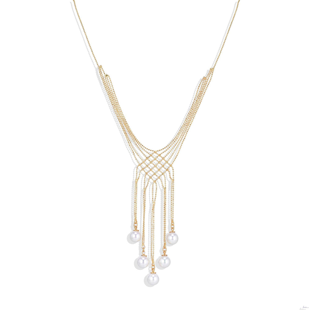 Gold Fashion Necklace with Interlocking Design and Pearl Pendant.-Necklaces-ROMANE