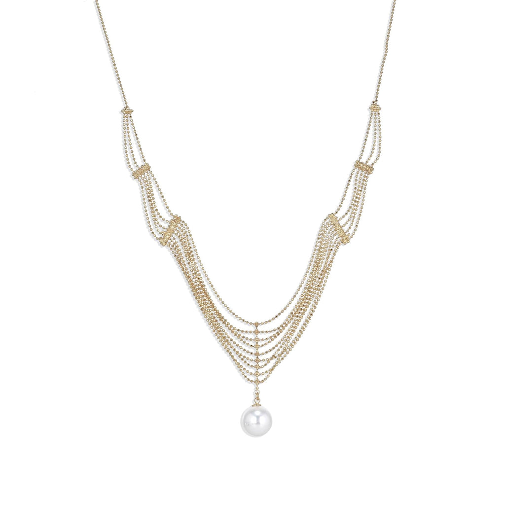 Gold Fashion Necklace with Mesh Design and Pearl Pendant.-Necklaces-ROMANE