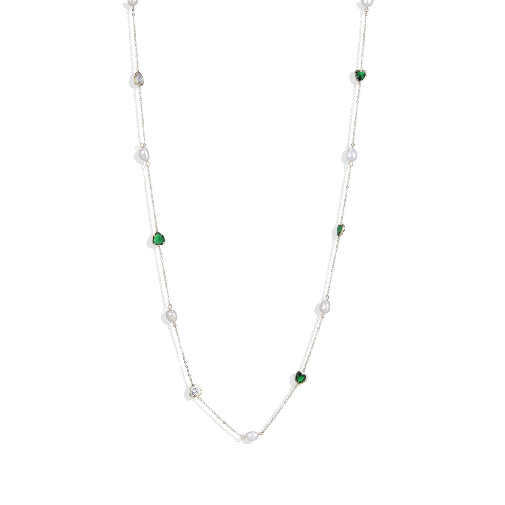 Gold Fashion Necklace with Pearls and Green Zircons.-Necklaces-ROMANE