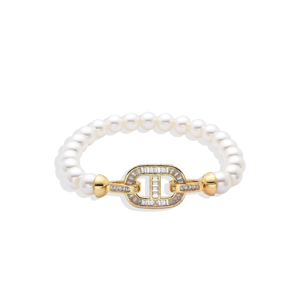 Gold Fashion Pearl Bracelet with Micro Zirconia Charm: Radiant Purity.-Rings-NEW WEI