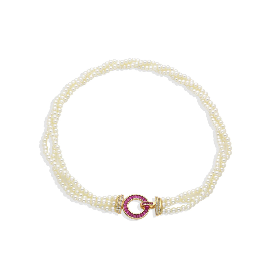 Gold Fashion Pearl Necklace with Fuchsia Zircons Pendant.-Necklaces-NEW WEI