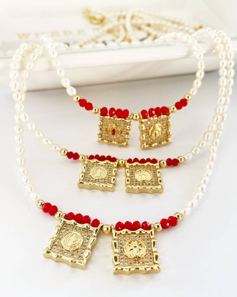 Gold Fashion Religious Necklace with Virgin Pendant, in Pearls and Red Crystal-Necklaces-Vila veloni corp