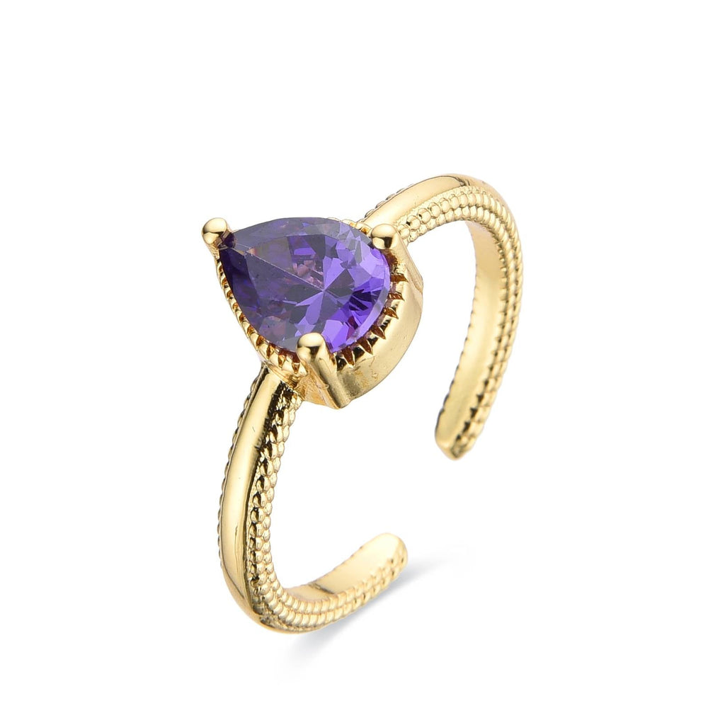 Gold Fashion Ring with Teardrop Zirconia: Royal Purple Elegance.-Rings-NEW WEI