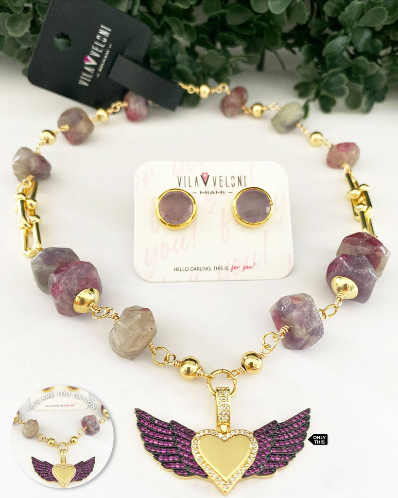 Gold Filled Natural Stone Necklace with Heart Pendant with Angel Wings-Necklaces-Vila veloni corp