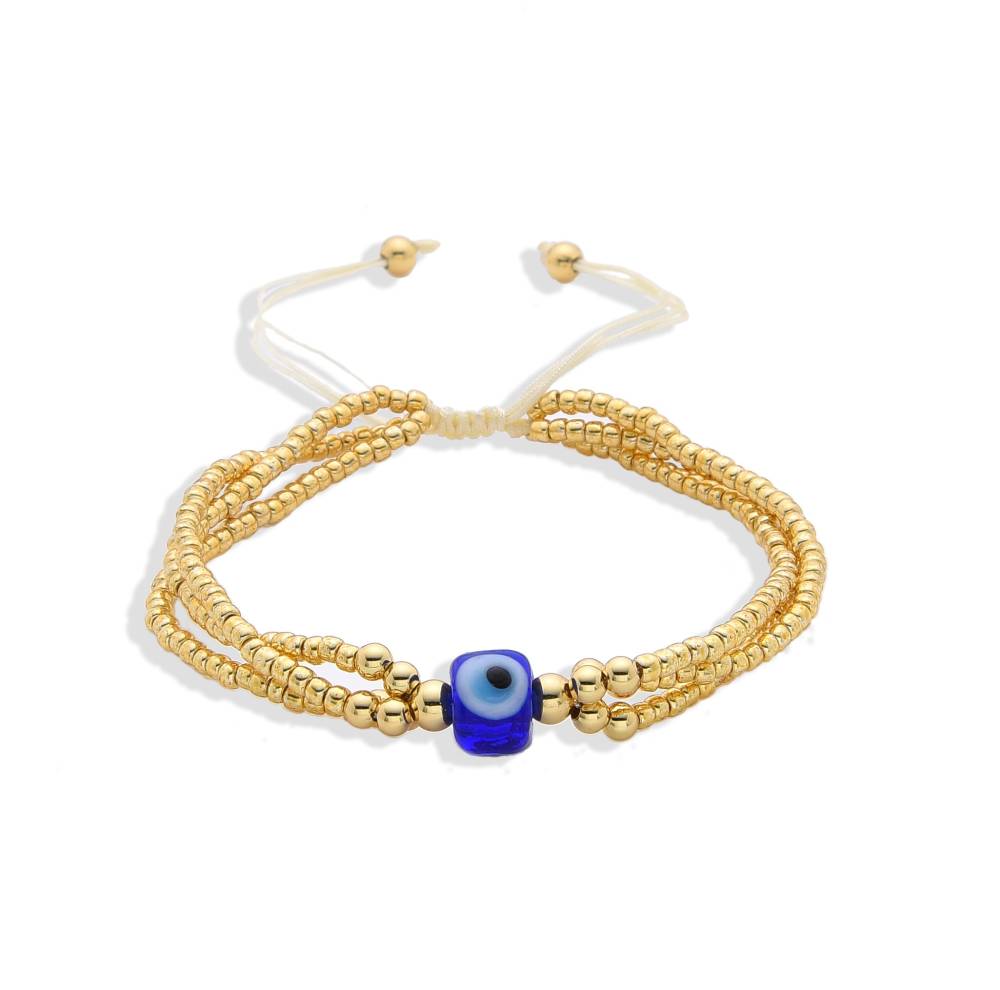 Gold Miyukis Adjustable Bracelet with Turkish Eye Pendant.-Bracelets-BOJO