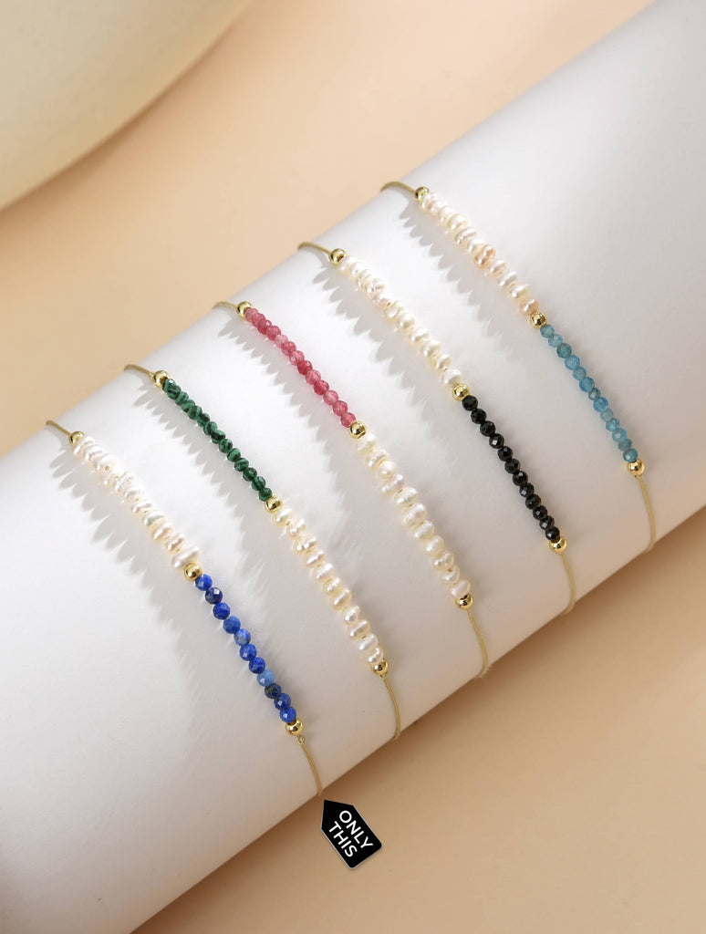 Gold Thread Bracelet with Half Pearls and Half Navy Blue Semi-Precious Stones-Bracelets-Peling