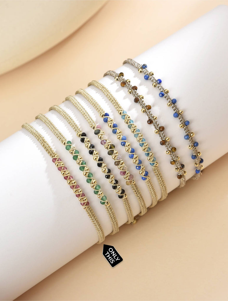 Gold Thread Bracelet with Half Pearls and Half Sky Blue Semi-Precious Stones-Bracelets-Peling