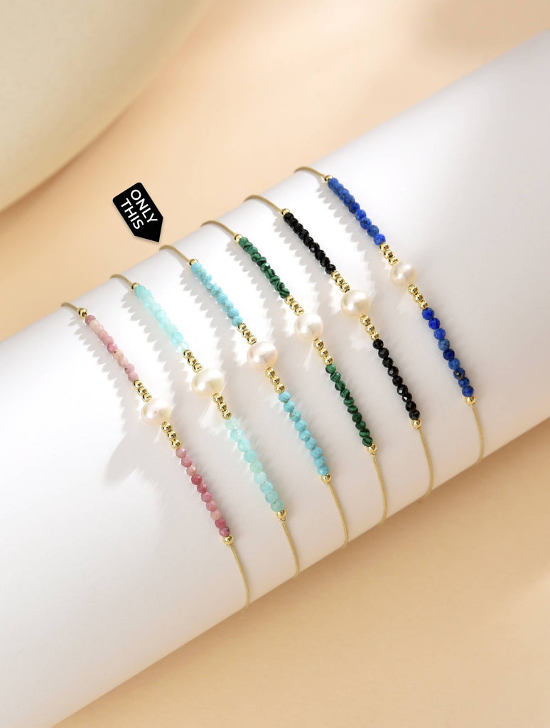 Gold Thread Bracelet with Sky Blue Semi-Precious Stones and Pearl-Bracelets-Peling