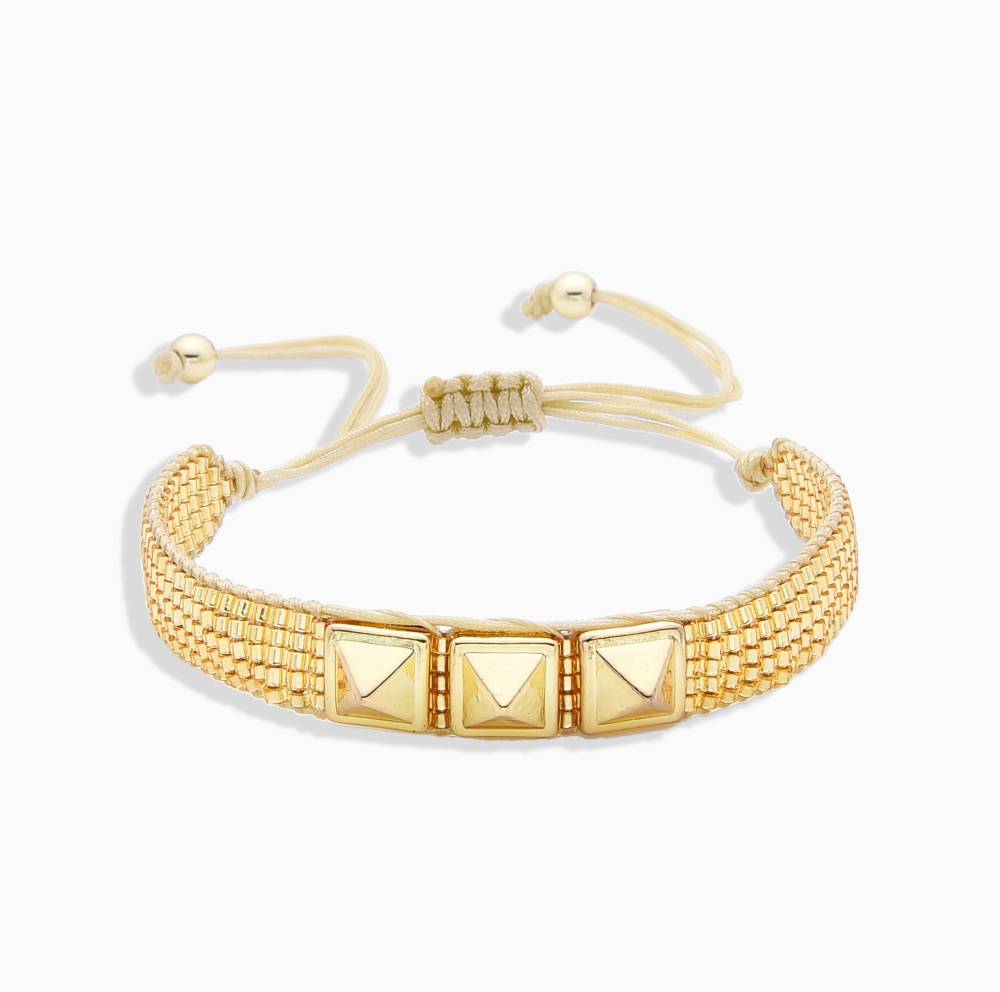 Golden Miyukis Adjustable Bracelet with Three Square Charms-Bracelets-BOJO